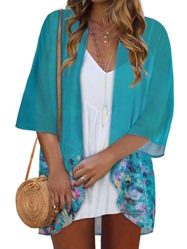Kimonos for Women Beach Cover up Summer Tops Floral Cardigan Hawaiian Shirts Open Front Resort Wear (Blue Green Flowers,2XL) - Image 1
