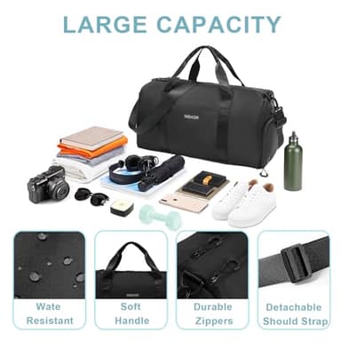 NEHOR Gym Bag for Women Men,Small WeekenderTravel Duffle Bag with Shoes Compartment & Wet Pocket,Water Resistant Sports Bag for Travel, Gym, Swimming, Yoga, Black - Image 6