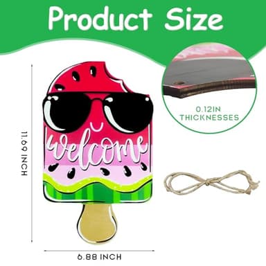 AOCEAN 1 Pcs Summer Watermelon Welcome Sign for Front Door 12 Inch Watermelon Popsicle Door Sign Pink Summer Door Hanger Wood Wreath Porch Decor Seasonal Farmhouse Indoor Wall Hanging Decoration - Image 3
