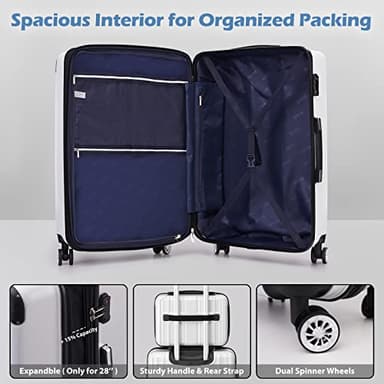 Coolife Luggage Expandable 5 Piece Sets PC+ABS Spinner Suitcase 20 inch 24 inch 28 inch (white grid new) - Image 3