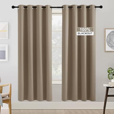 RYB HOME 72 Inches 100% Blackout Curtains for Bedroom, Thermal Insulated Room Darkening Privacy Window Treatment Drapes for Living Room Energy Efficient, Anti-Rust Grommet, Mocha, W52 x L72, 2 Panels - Image 2