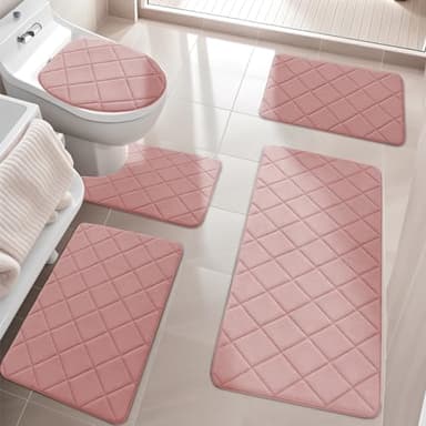 YIHOUSE Pink Bathroom Rugs Set 5 Piece, Soft Non Slip Memory Foam Bath Mat, Machine Wash Bathroom Mat Set, Water Absorbent Bath Mats for Toilet and Floor (Pink) - Image 3