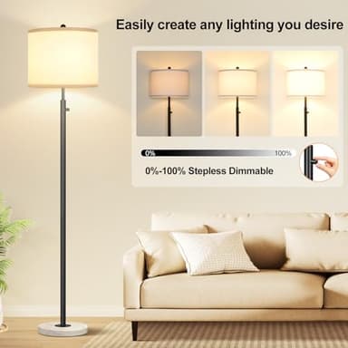 Nintiue Dimmable Floor Lamp for Living Room, 11W LED Bulb Included, Modern Standing Lamp with Marble Base, Tall Pole Light with White Linen Shade for Bedroom Reading Office Corner Nursery-Black - Image 3