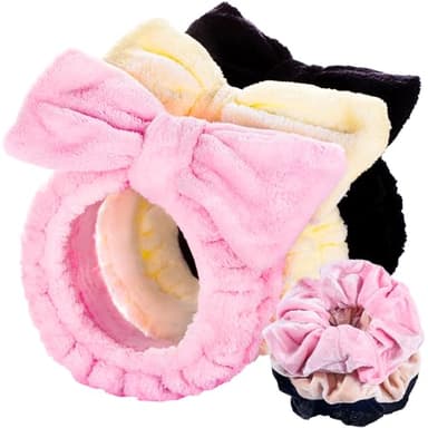 LEOBRO Spa Headband for Skin Care and Makeup, Women Teen Girls Hair Band Headbands for Washing Face, With Hair Scrunchies (Pink & Creamy White & Black) - Image 1