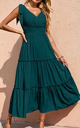 PRETTYGARDEN Women's Cross Neck Summer Sleeveless Tiered Maxi Dress Beach Tie Strap Smocked Long Dresses Pleated Sundress (Blue Green,Small) - Image 3