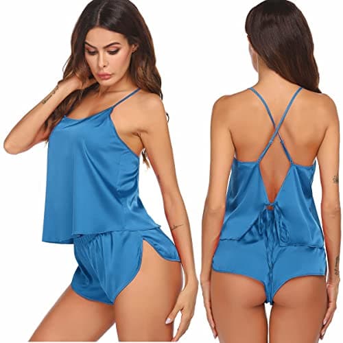 Ekouaer Silk Pajamas Set for Women Satin Backless Lingerie Pjs Cami Top and Shorts Nightwear Blue - Image 1