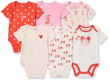 Amazon Essentials Disney | Marvel | Star Wars | Princess Baby Girls' Short-Sleeve Bodysuits, Pack of 6, Minnie Rainbow Chaser, Preemie - Image 1
