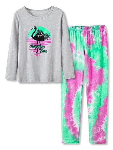 Tebbis Girls Fall Tropical Flamingo Tie Dye Pajamas Soft Cotton PJ Long Set for Tweens & Teens Size 12 - Image 1