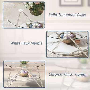 ASYA Round Coffee Table with Storage, 2-Tier Glass Coffee Table for Living Room, Modern Living Table with Tempered Glass & Metal Frame (Faux Marble) - Image 4