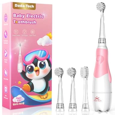 DADA-TECH Toddler Electric Toothbrush Kids Age 1-2-3 Years Old, Baby Electric Toothbrush with LED Light 2 Minutes Timer 4 Vibrating Heads for Infants Toothbrush 6 to 12 Months and Up (Pink) - Image 1