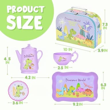 Lajeje Dinosaurs Tea Party Set for Little Girls, Pretend Plastic Teapot Set, Princess Tea Time Play Kitchen Toy with Dessert, Carrying Case for Birthday Easter Gifts Kids Toddlers Age 3 4 5 6 - Image 7