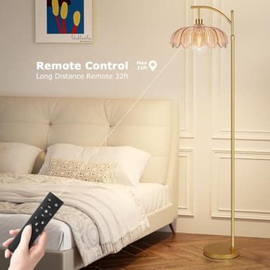 QIYIZM Floor Lamp for Living Room,Bedroom,Gold Dimmable Standing Lamp with Remote,Mid Century Modern Brass Tall Lamp Retro Vintage Green Glass Lamp Floor Light Boho Bohemian - Image 3