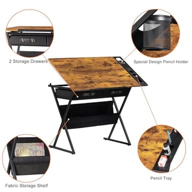 VECELO Drafting Table Art Desk Art Table Adjustable Drawing Table Tilted Tabletop with 2 Storage Drawers and Stool, Drawing Desk for Artist Painters Drawing, Crafting, Reading, Writing, Rustic Brown - Image 8