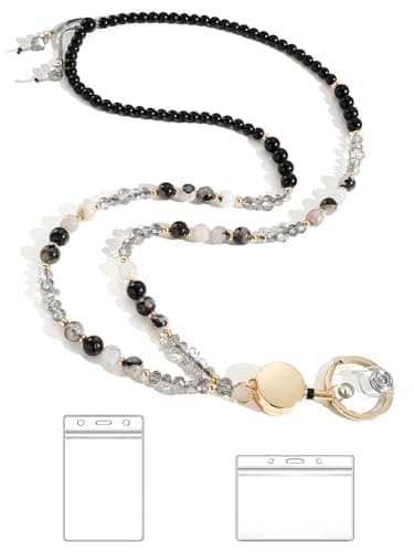 BettDecor Lanyards for ID Badges and Keys,Natural Stone Beaded Teacher Lanyard for Women,Retractable Lanyard with ID Holder Cute Lanyards - Image 1