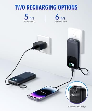 Portable-Charger-Power-Bank - 15000mAh Power Bank Supports PD 30W Fast Charging Built-in AC Wall Plug and 2 Output Cables with LED Display for iPhone iPad and Most Electronic Devices(Black) - Image 2