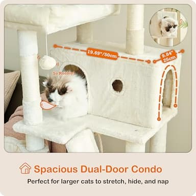 Ouritsu Cat Tree, 61 inch Tall Cat Tower for Large Cat Indoor, Enlarged Condo, 2 Padded Perches with 1 Widened, Large Hammock, Scratching Post and ramp, Fluffy Basket, Beige, LF002WH - Image 3