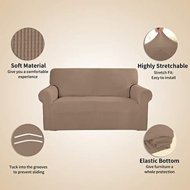 Easy-Going Stretch 4 Seater Sofa Slipcover 1-Piece Sofa Cover Furniture Protector Couch Soft with Elastic Bottom for Kids, Polyester Spandex Jacquard Fabric Small Checks Camel - Image 4