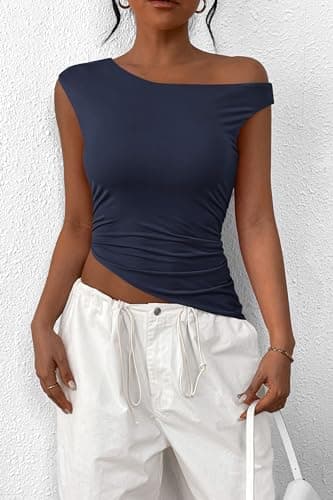 PRETTYGARDEN Womens 2025 Summer Off The Shoulder Crop Tops Sleeveless One Shoulder Ruched Asymmetrical Y2K Going Out Tank Top (Navy,X-Large) - Image 3