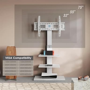 FITUEYES Iron Base Universal Floor TV Stand with Swivel Tilt, TV Mount Stand for 32-75 Inch Screens, Corner TV Stand with Height Adjustable Entertainment Shelves (White) - Image 5