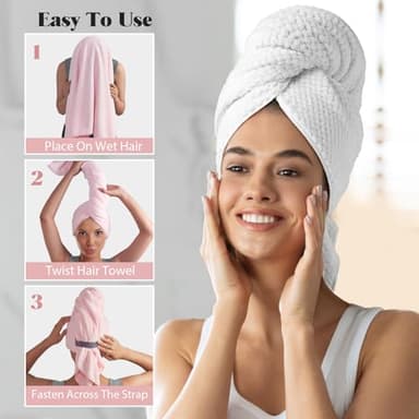 MABAO 2 Pack Microfiber Hair Towel Wrap for Women, Quick Dry Hair Turban Towel with Elastic Band, Microfiber Plopping Towel for Curly Hair, Stocking Stuffers for Women(Pink, White) - Image 7