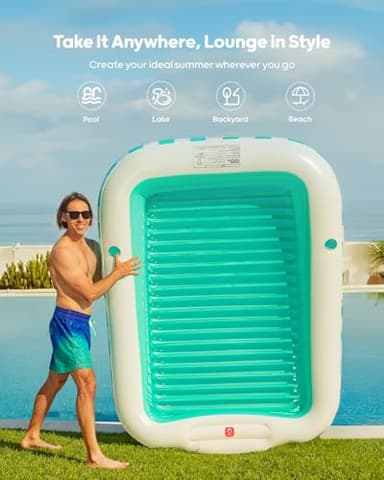 QPAU Inflatable Tanning Pool Float for Adults, 82" x 60" XL Sun Lounger with Removable Pillow, Footrest, Cup Holders, Cushion Base, Durable PVC, for Pool, Patio, Garden, Lake Use - Image 7