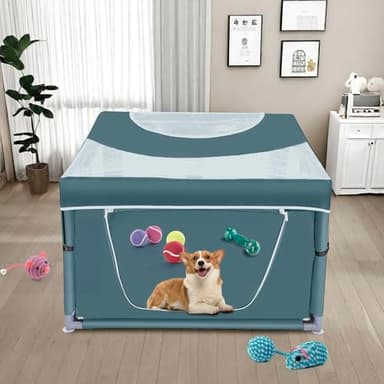Dog Kitten Playpen with Cover, 42x42 x25.5 Puppy Playpen for Small Pet with See-Through Topper Proof, Green - Image 5