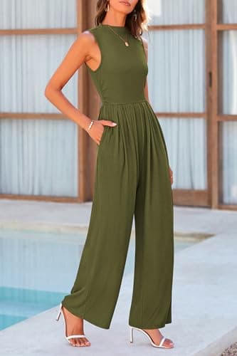 PRETTYGARDEN Womens Summer Jumpsuits Dressy Casual One Piece Outfits Sleeveless Mock Neck Wide Leg Pants Rompers with Pockets (Army Green,Large) - Image 4