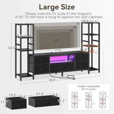 Casaottima 71" TV Stands for 43, 50, 55 Inch TV Entertainment Center with LED Lights and Power Outlets, TV Stand for Living Room with 5 Fabric Drawers & Shelf, TV Console Cabinet for Bedroom, Black - Image 3