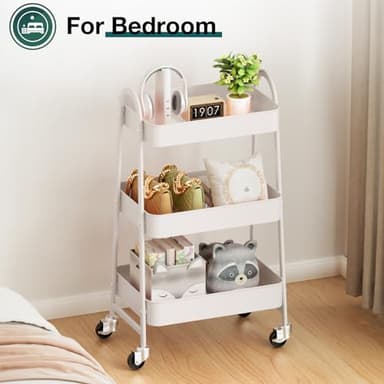 SMUG 3 Tier Rolling Cart - Metal Utility Carts on Lockable Caster Wheels, Mobile Storage Shelves Organizer for Livingroom, Bathroom, Kitchen, Bedroom & Narrow Places, White - Image 7