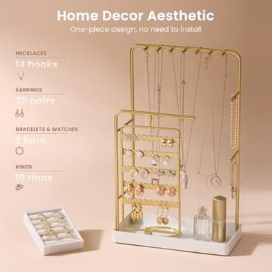 Lolalet Jewelry Stand Organizer, Room Dorm Decor Display Storage with Rotating Earring Holder Hanger and Removable Ring Tray for Necklace Bracelet Bangles Watches Studs -Gold - Image 5