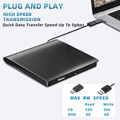 External DVD Drive USB 3.0 Type-C CD Burner Portable CD +/-RW Drive DVD Player for ROM Rewriter Burner Compatible with Laptop Desktop PC Windows MacBook Linux Mac OS - Image 3