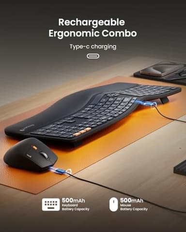 ProtoArc Ergonomic Wireless Keyboard Mouse, EKM01 Plus Full Size Ergo Bluetooth Keyboard Mouse Combo, Split Design, Wrist Rest, Multi-Device, Rechargeable, for Windows/Mac OS - Black - Image 8