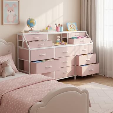 Romorgniz 55" W Pink Dresser for Bedroom with Deep Fabric Drawers, Long Chests of Drawers with 2 Open Wooden Shelves, Large Vanity Dressers for Entryway, Dorm, Sturdy Metal Frame, Wood Top - Image 5