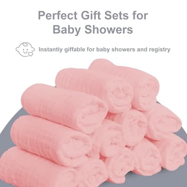 SWEET DOLPHIN 12 Pack Baby Muslin Washcloths - Soft Face Cloths for Newborn, Absorbent Bath Wash Cloths, Wipes, Burp Rag - Toddlers Essentials Stuff, Baby Registry as Shower -10"x10", Pink - Image 5