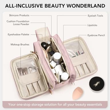 Travel Makeup Bag Women's Large Capacity Cosmetic Portable Organizer Large Opening Waterproof Storage Toiletry Bags Vertical Free-Standing Brush Holder for Easy Access Pink - Image 4