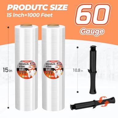 MUNBYN Shrink Wrap, Stretch Wrap with Handles, Stretch Film Roll Industrial Strength, Plastic Wrap for Pallet Wrapping Shipping Moving, 15 Inch x 1000 Ft, 4 Pack, 60 Gauge - Image 2