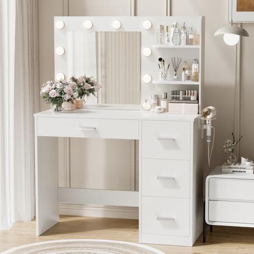 YESHOMY Vanity Desk with Mirror, 10 Lights, Power Outlet and 3 Storage Shelves, Makeup Table with 4 Drawers, 3 Color Modes, for Bedroom, White - Image 1