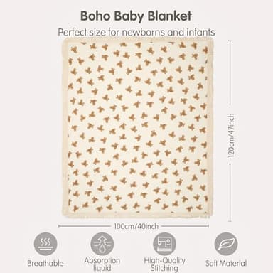 insular Cotton Muslin Baby Blanket with Tassel, Boho Bohemian Muslin Swaddle Blanket Baby Receiving Blanket with Fringe, Nursery Decor Throw or Nursing Blankets, 47" x40”, Little Bear - Image 5