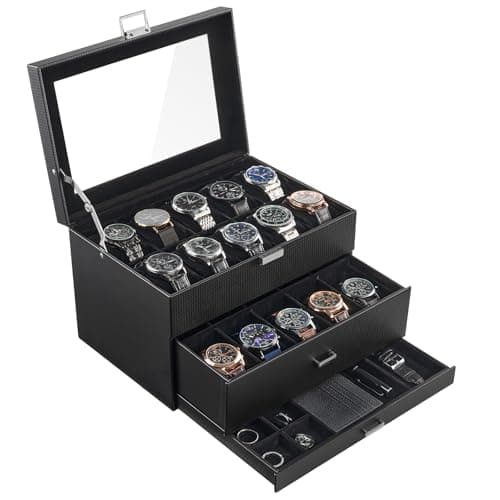 ProCase 20 Slot Watch Box for Men, 3-Layer Watch Display Case with Glass Lid, Watch Holder with Drawer, Jewelry Storage Organizer for Watches Straps Rings -AllBlack - Image 1