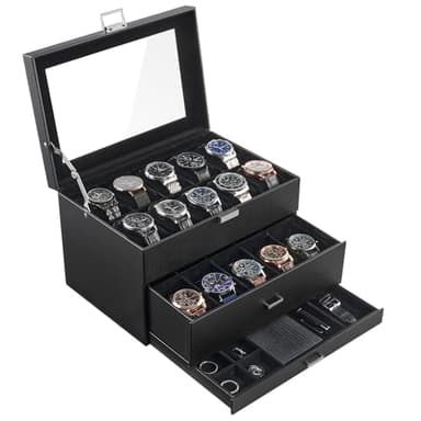 ProCase 20 Slot Watch Box for Men, 3-Layer Watch Display Case with Glass Lid, Watch Holder with Drawer, Jewelry Storage Organizer for Watches Straps Rings -AllBlack - Image 1