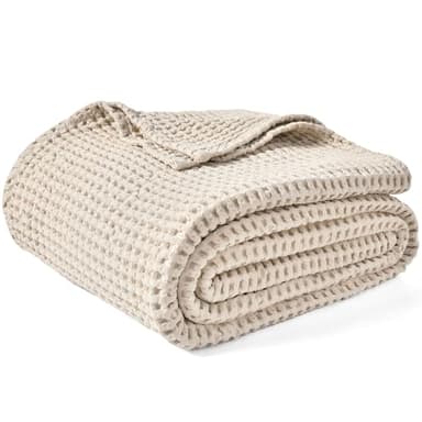 PHF 480GSM 100% Washed Cotton Waffle Weave Blanket, Cozy Breathable Skin-Friendly Throw Queen Size for All Season,Luxury Fall Layer Bedspread for Couch Bed Sofa,Elegant Home Decor,Natural,90"x90" - Image 1
