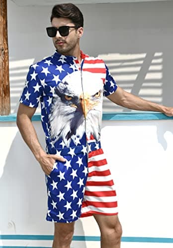 Men's Rompers Male Zipper Jumpsuit Shorts Flag Independence Day 4th of July One Piece Romper Slim Fit Bro Short Sleeve Shirt Outfits - Image 6