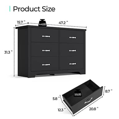 LINSY HOME 6 Drawer Dresser, Black Dresser for Bedroom, Modern Double Dresser Organizer, Black Wood Dresser Chest of Drawers for Living Room,Entryway and Hallway - Image 3