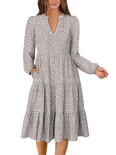 ANRABESS Long Sleeve Midi Dresses for Women V Neck 2025 Fall Fashion Casual Loose Fit Flowy Swing Tiered Vacation Boho Dress Khaki Polka Dot Medium - Image 1