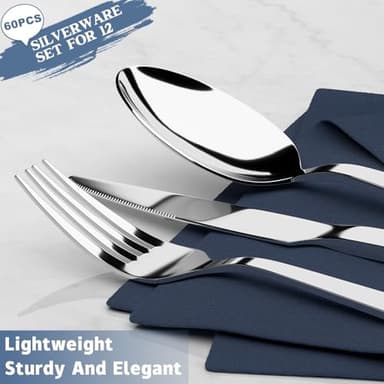 60 Piece Silverware Set For 12, Stainless Steel Flatware/Tableware Set Include Spoons/Forks/Knives, Yoehka Mirror Polished Cutlery Set For Home Kitchen Restaurant Hotel, Durable,Dishwasher Safe - Image 2