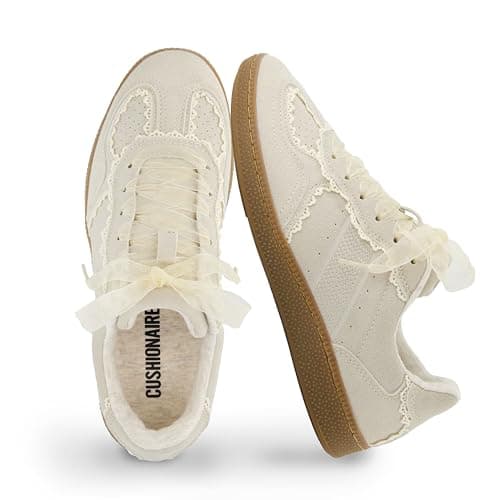 CUSHIONAIRE Belinda Women’s Lace Detail Casual Sneakers – Elegant Ribbon Lace-Up Shoes with Memory Foam, Ivory Vegan Suede 7.5 - Image 1