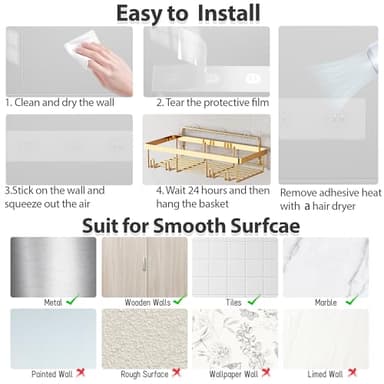 Liuoud 5 Pack Shower Caddy Organizer Rack Shelf for Inside Shower, Self Adhesive Wall Storage Basket Rustproof Stainless Steel Shampoo Holder Bathroom Accessory Decor Set, Gold - Image 7