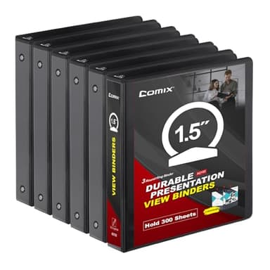 COMIX Sturdy 3 Ring Binder 1.5 inch with Clear View Cover, 1-1/2" Round Ring View Binder, PVC-Free, 300 Sheets Capacity of US Letter Size Paper, Office ＆ School Supplies, 6 Pack (Black) - Image 1