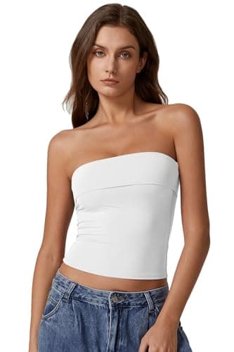 QINSEN Tube Tops for Women Summer Double Lined Going Out Strapless Tank Tops Basic Bandeau Tops White S - Image 4