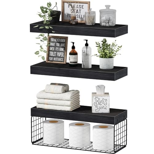 QEEIG Bathroom Shelves Over Toilet - Wall Mounted Floating Shelves Toilet Paper Storage Small Farmhouse Decor Shelf 16 inch Set of 3, Black (019-B3) - Image 1